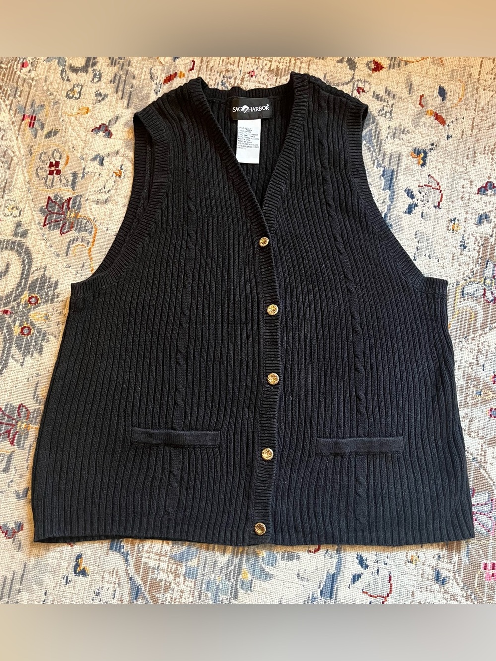 Vintage Sag Harbor Black Ribbed Knit Button-Front Sweater Vest Women’s Large